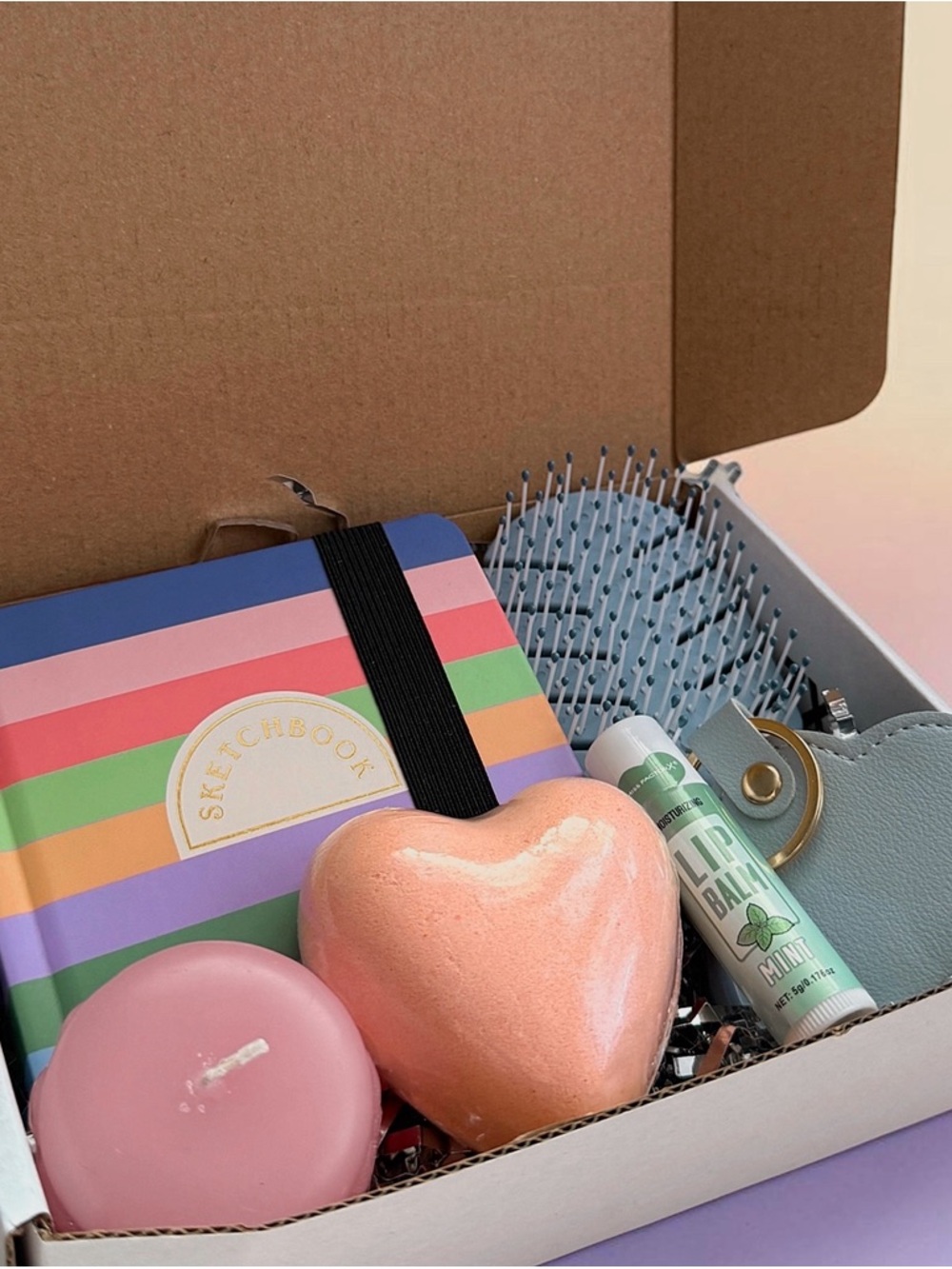 Striped Pastel Sketchbook Gift Set with Heart Bath Bomb (Pink, Peach, Mint)